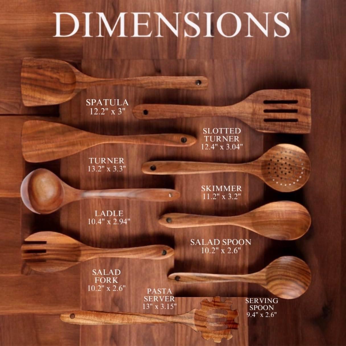 Zulay 9-Piece Teak Wooden Utensils For Cooking, Smooth Finish Kitchen Utensils Set with Gift Box