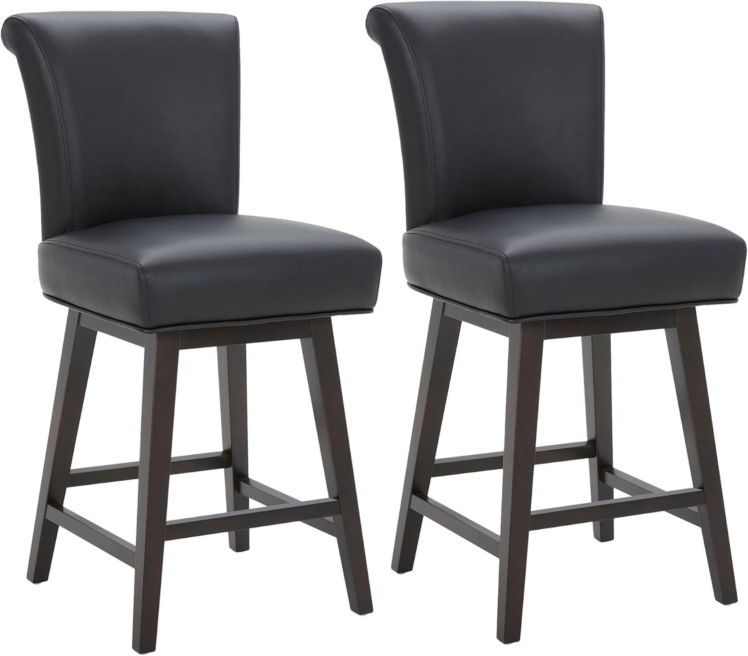 CHITA 26 in Upholstered Swivel Counter Bar Stools with Back&Wood Legs Set of 2, Faux Leather in Black