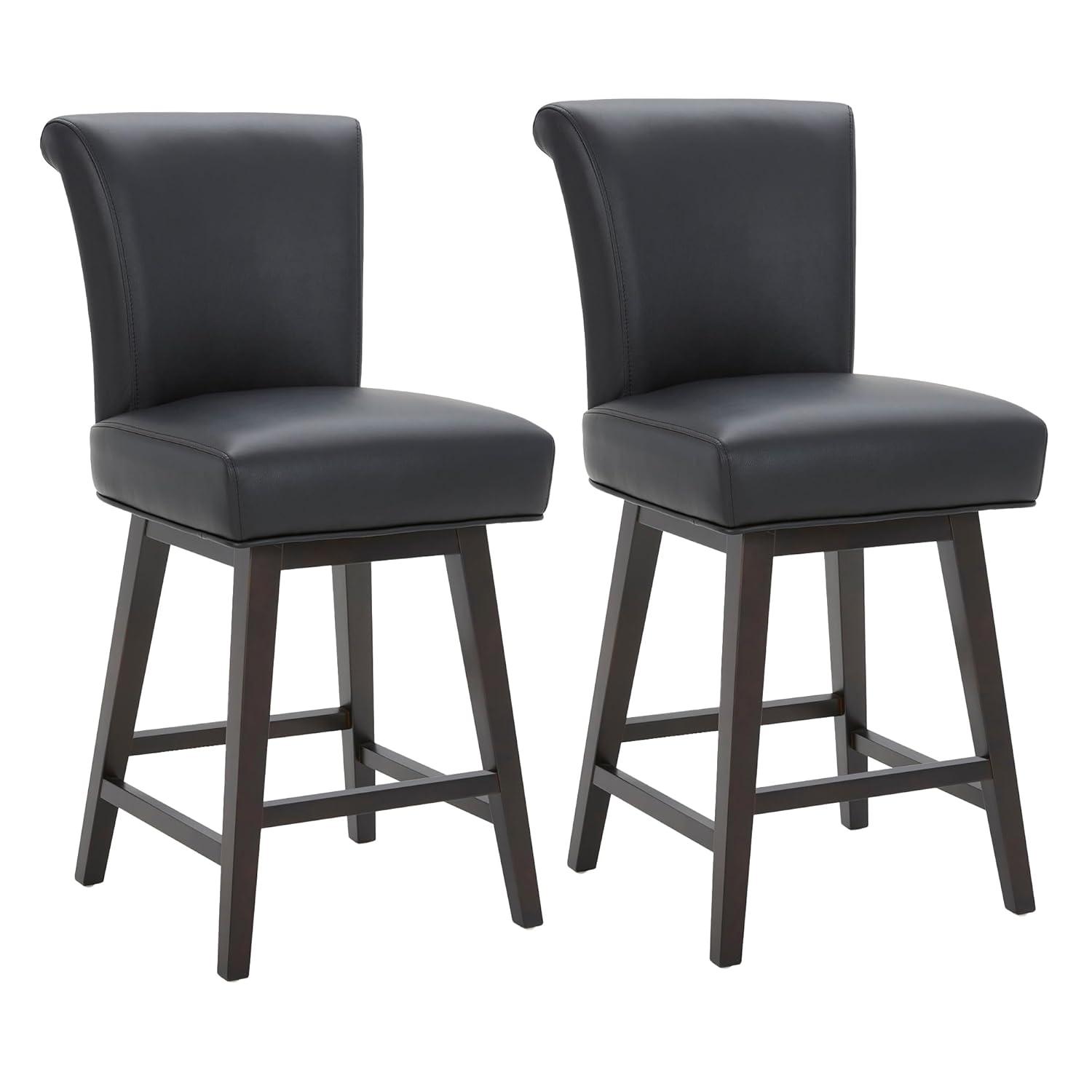 CHITA 26 in Upholstered Swivel Counter Bar Stools with Back&Wood Legs Set of 2, Faux Leather in Black
