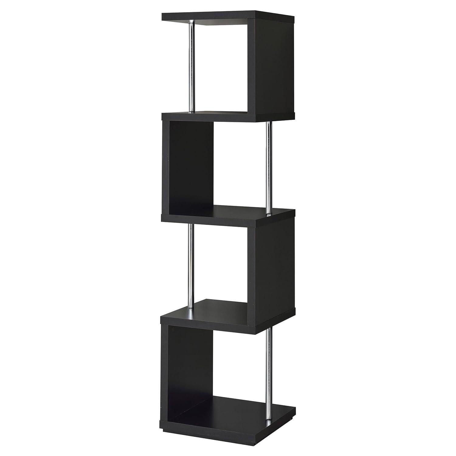 66.5" Baxter 4 Shelf Zig Zag Bookcase with Chrome Details Black - Coaster: Modern Storage Display
