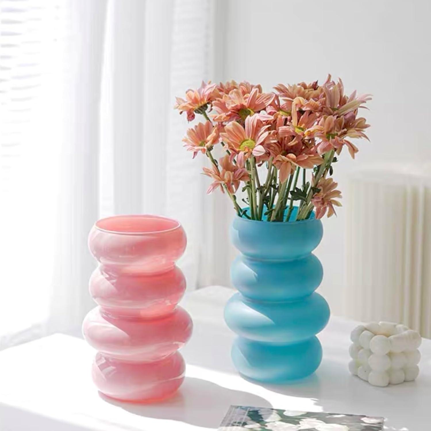 BLOFLO Colored Glass Hydroponic Flower Vase, 7-Inch Pink Glass Vase, Four-Layer Geometric Glass Floral Vase for Home Décor, Modern Bubble Glass Vase for Home Office Wedding Table (Pink)
