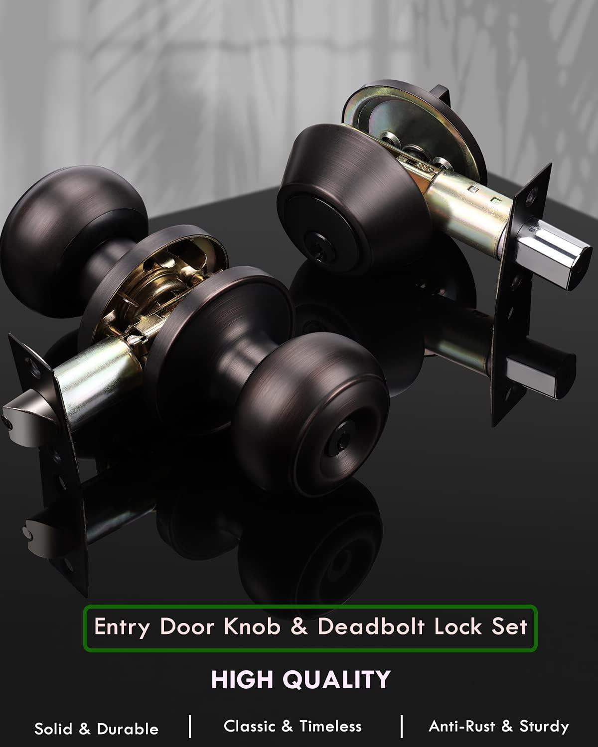 3 Pack Keyed Entry Door Knob Lockset and Single Cylinder Deadbolt Combination Set for Entrance and Front Door, Aged Oil Rubbed Bronze, Keyed Alike