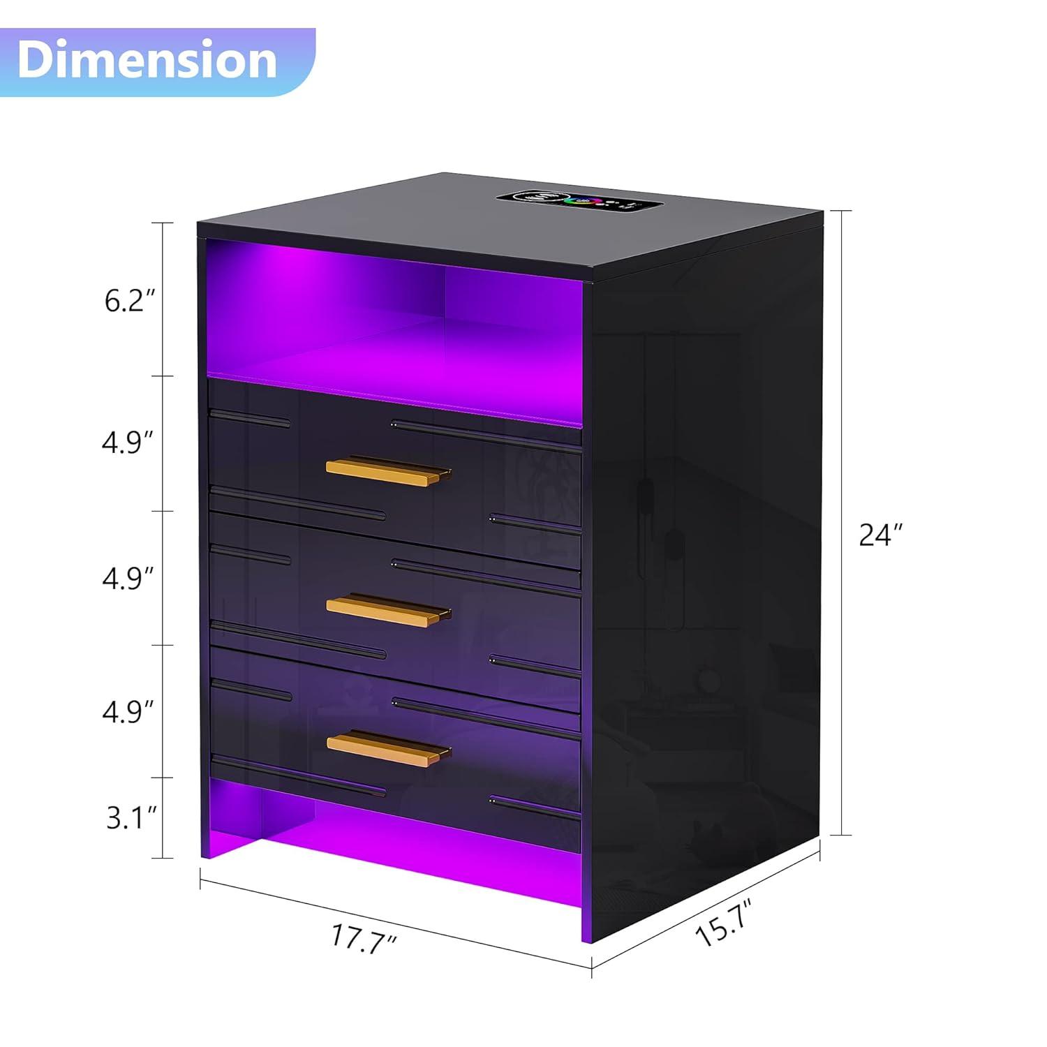HNEBC Smart LED Nightstand with Wireless Charging & USB Ports, High Glossy Night Stand with 3 Drawers and 1 Pull-Out Tray, Modern Bedside Table with Human Sensor for Bedroom (White)