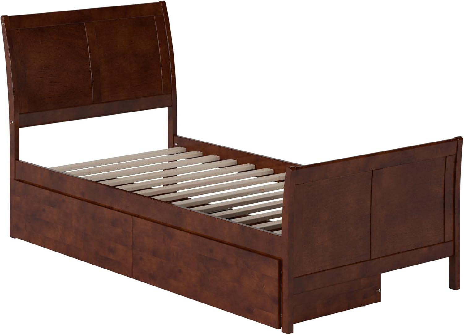 Walnut Twin XL Platform Bed with Sleigh Headboard and Storage Drawers