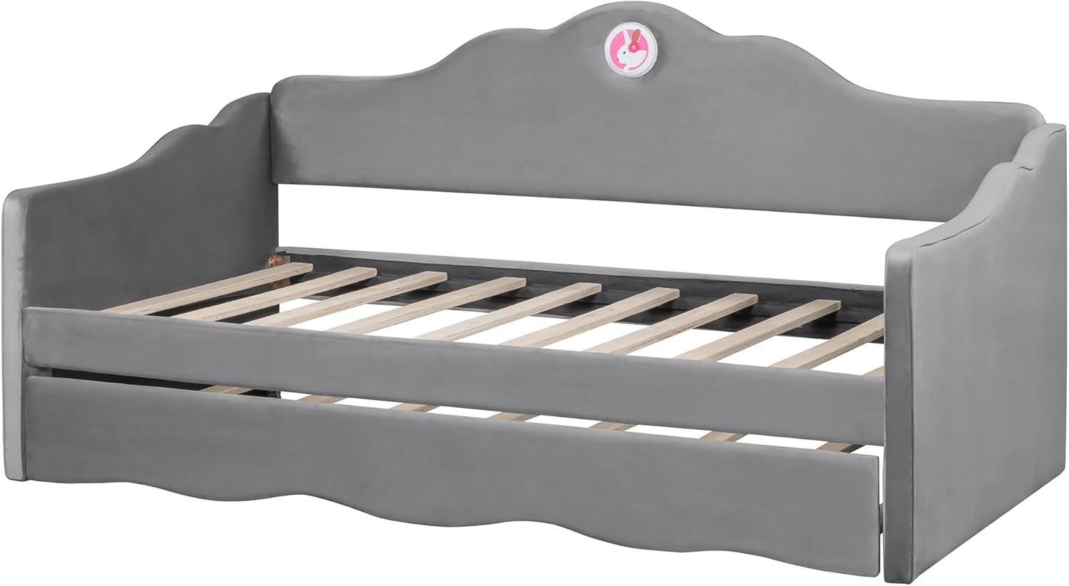 Ball & Cast Upholstered Twin Size Daybed with Trundle, Sofa Bed Frame with Wave-Shaped Back & Arm & Wood Slat Support, No Box Spring Needed, Gray