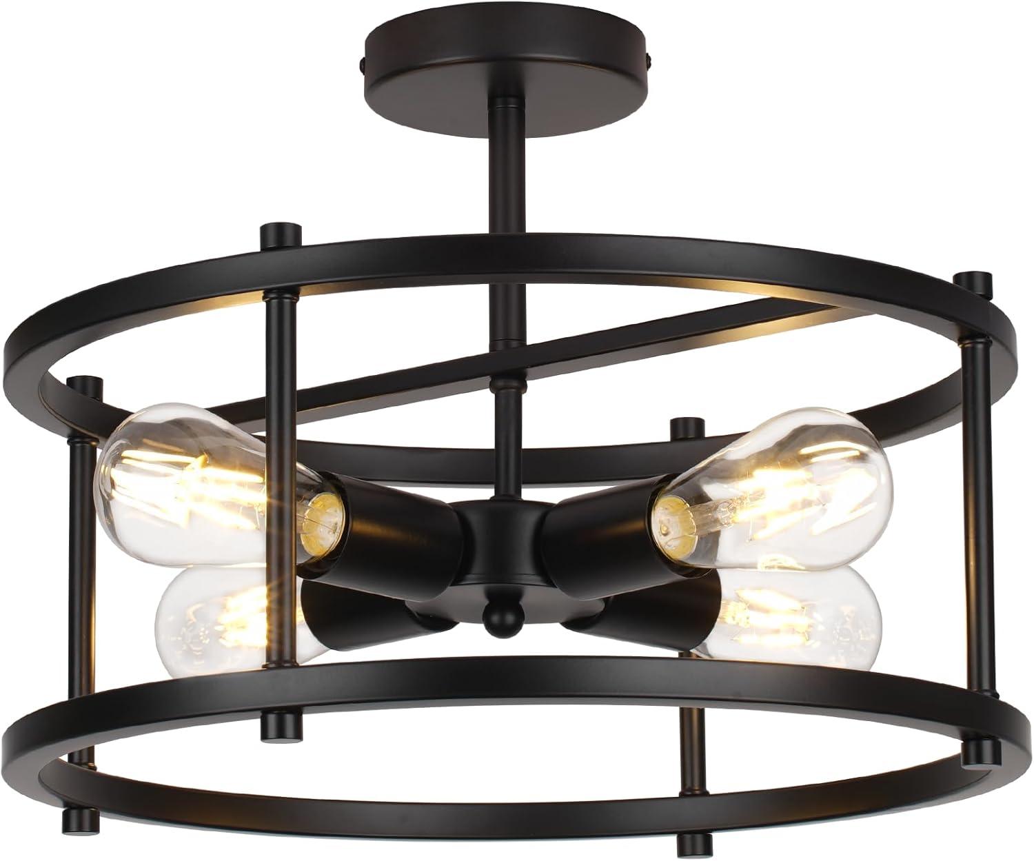 16.54'' Matte Black Metal Drum Semi-Flush Mount Ceiling Light