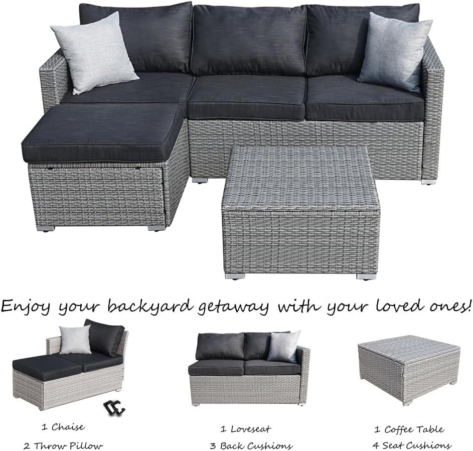 SUNTONE Patio Conversation Sofa Set - 3 Piece All Weather Wicker Outdoor Furniture Set, Gray Rattan & Black Cushions