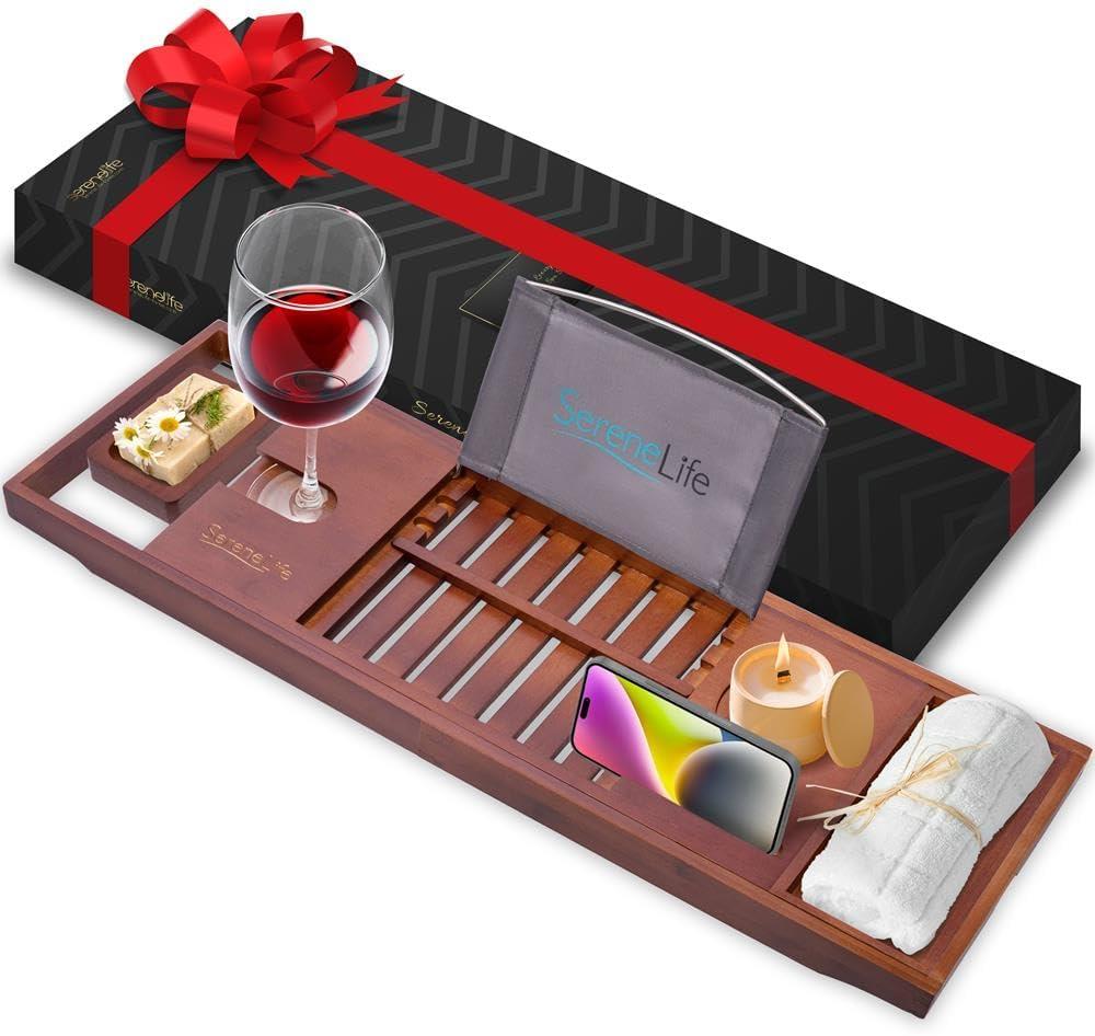 SereneLife Bamboo Bathtub Caddy with Luxury Gift Box and Red Gifting Ribbon Extendable & Adjustable Tray (Stain Brown)