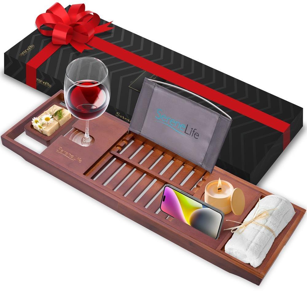 SereneLife Bamboo Bathtub Caddy with Luxury Gift Box and Red Gifting Ribbon Extendable & Adjustable Tray (Stain Brown)