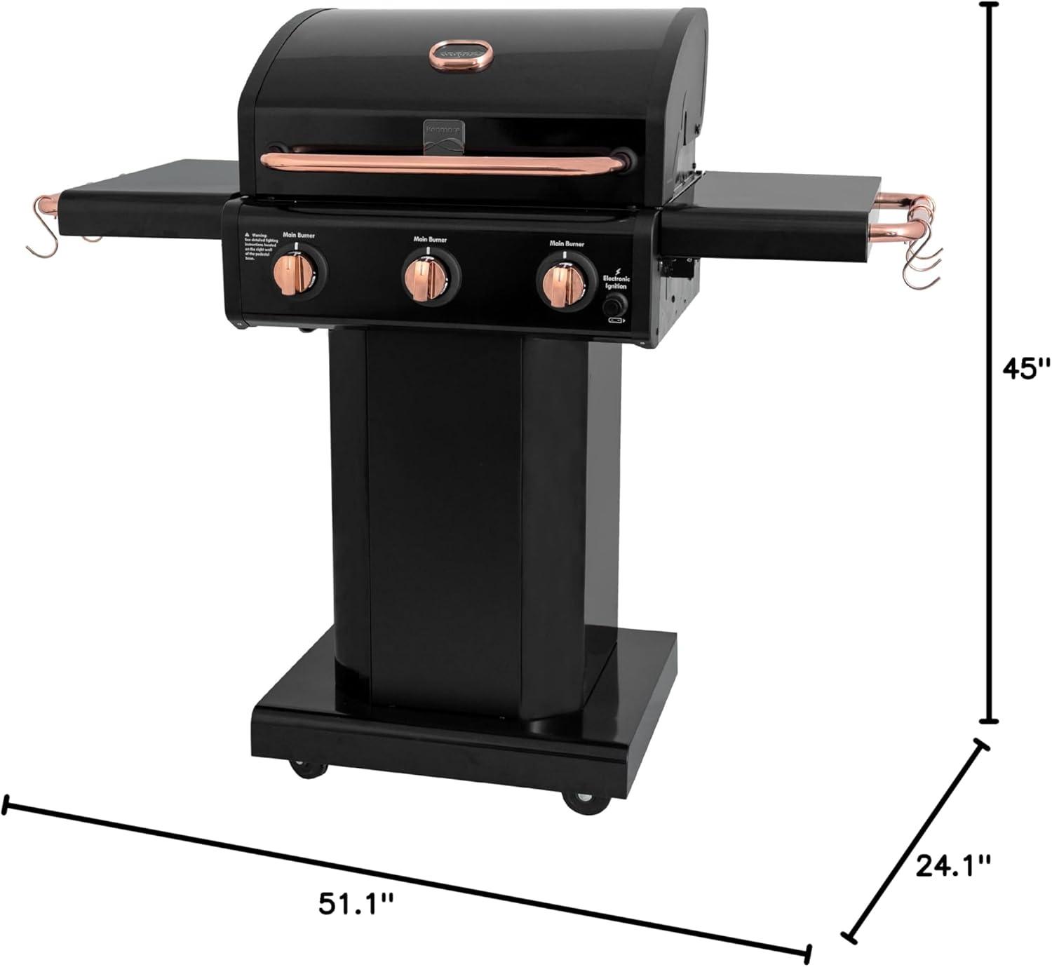 Kenmore 3-Burner Propane Gas Grill with Foldable Side Tables for Outdoor BBQ