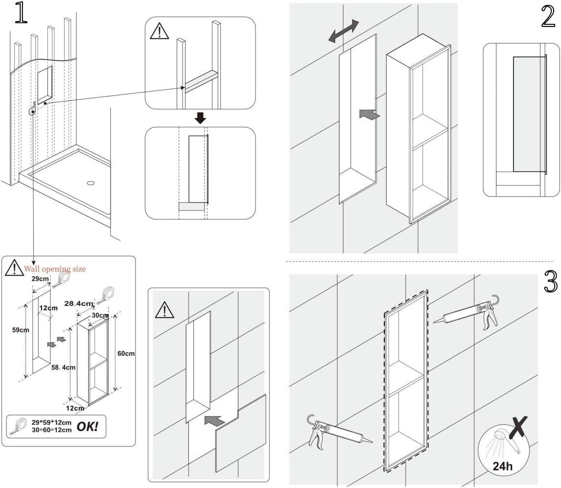 12" W x24" H Stainless Steel Rectangular Recessed Shower Niche, No Tile Needed Bathroom Niche for Storage