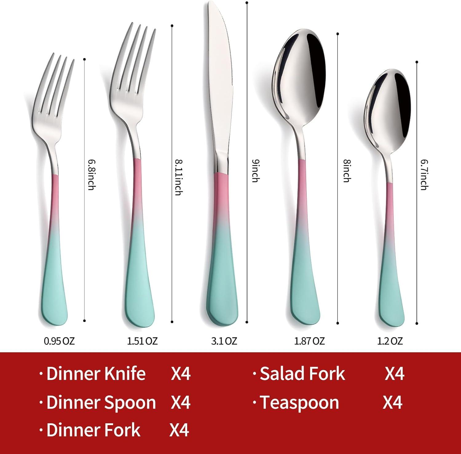 20-Pieces color Silverware Sets for 4,Pink and Green Handle Stainless Steel Cutlery Set, Include Forks Spoons and Knives Set, Dishwasher Safe Utensil Sets for Home Restaurant