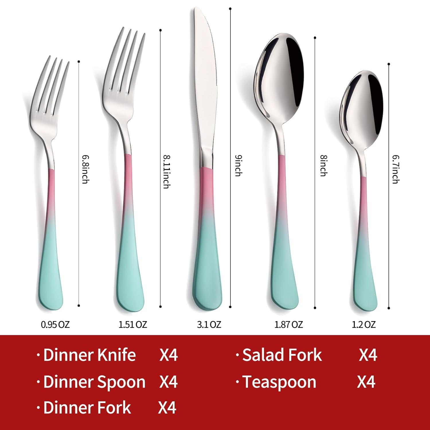 20-Pieces color Silverware Sets for 4,Pink and Green Handle Stainless Steel Cutlery Set, Include Forks Spoons and Knives Set, Dishwasher Safe Utensil Sets for Home Restaurant