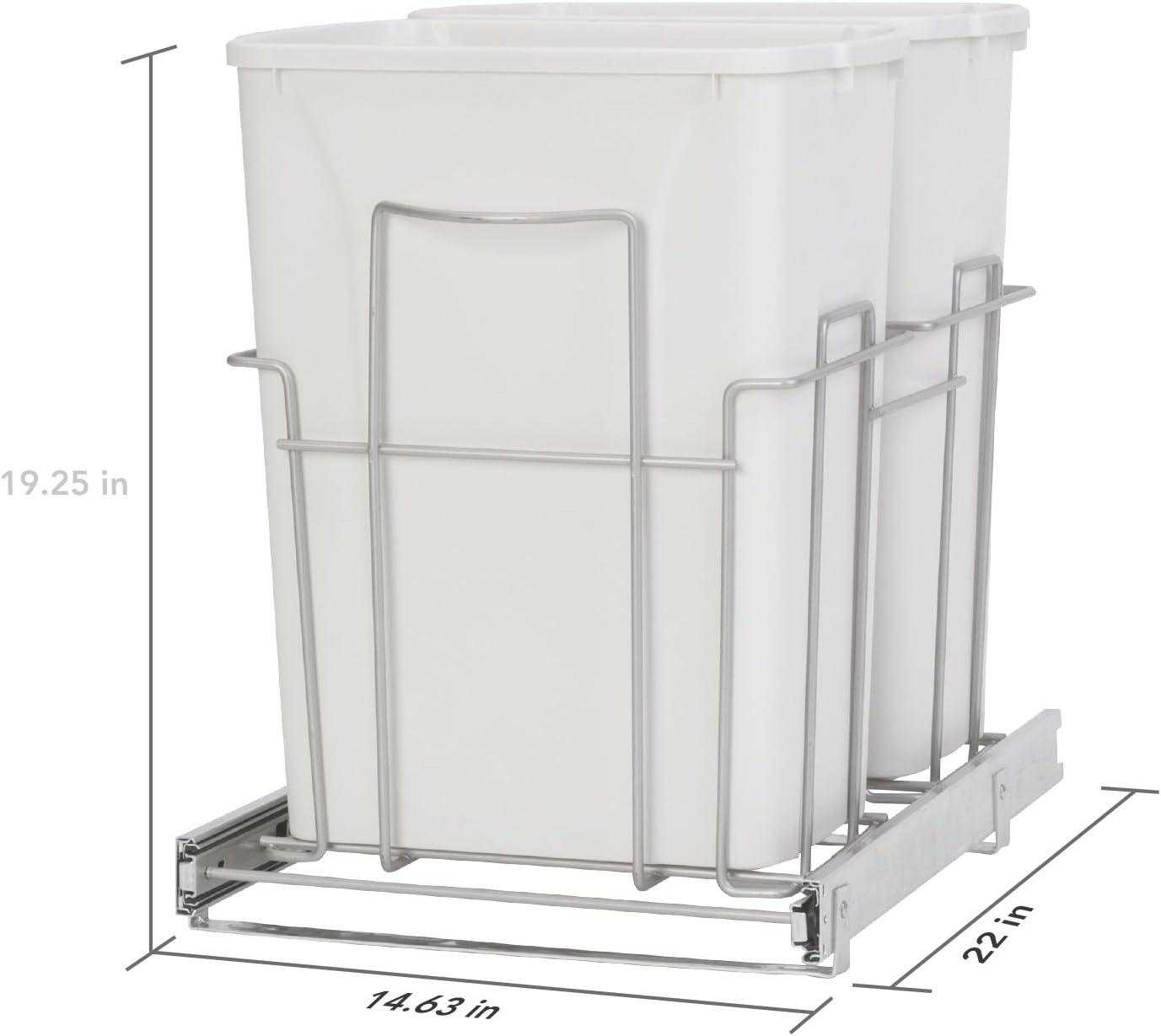 White Plastic Double Trash Can Slide-Out with Satin Nickel Frame