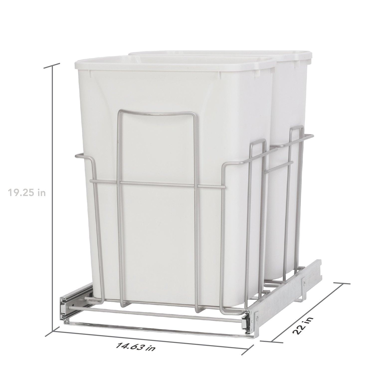 White Plastic Double Trash Can Slide-Out with Satin Nickel Frame