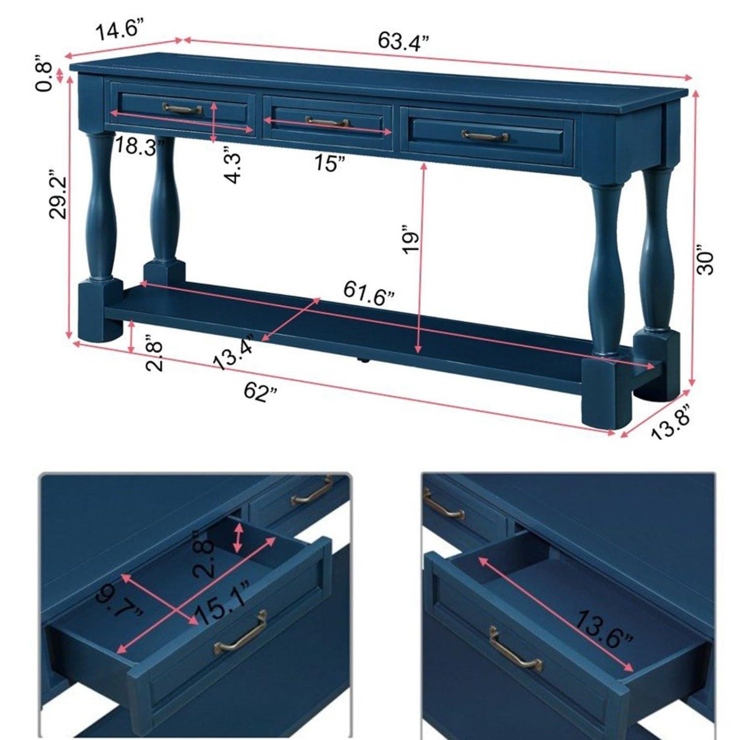 LKTART Solid Wood Console Table for Entryway,Long Sofa Table with 3 Drawers for Hallway,Foyer,Entry,Easy Assembled (63" Navy Blue)