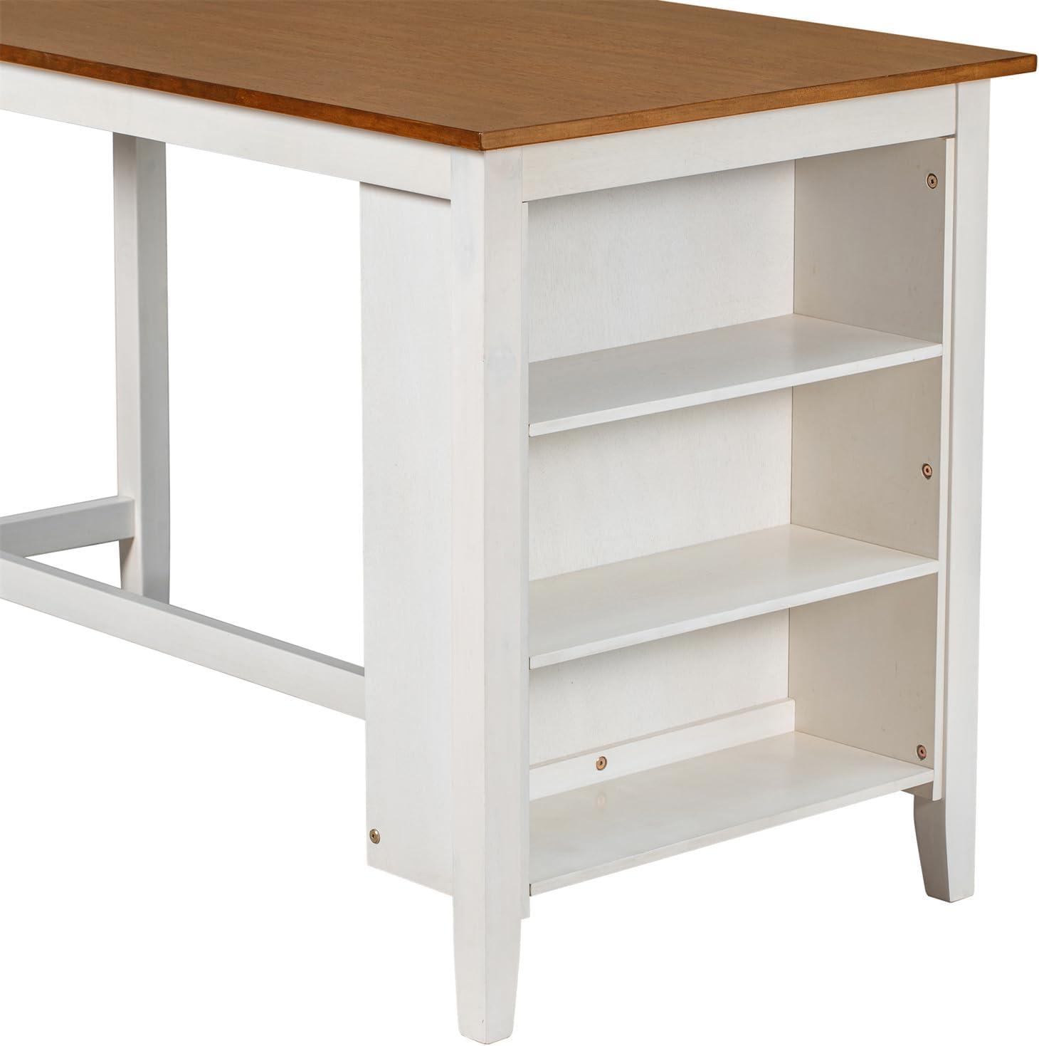5 Pieces Counter Height Wooden Bar Table Set with 3-Tier Shelf and 4 Chairs, Rustic Farmhouse Dining Table Set for 4, White