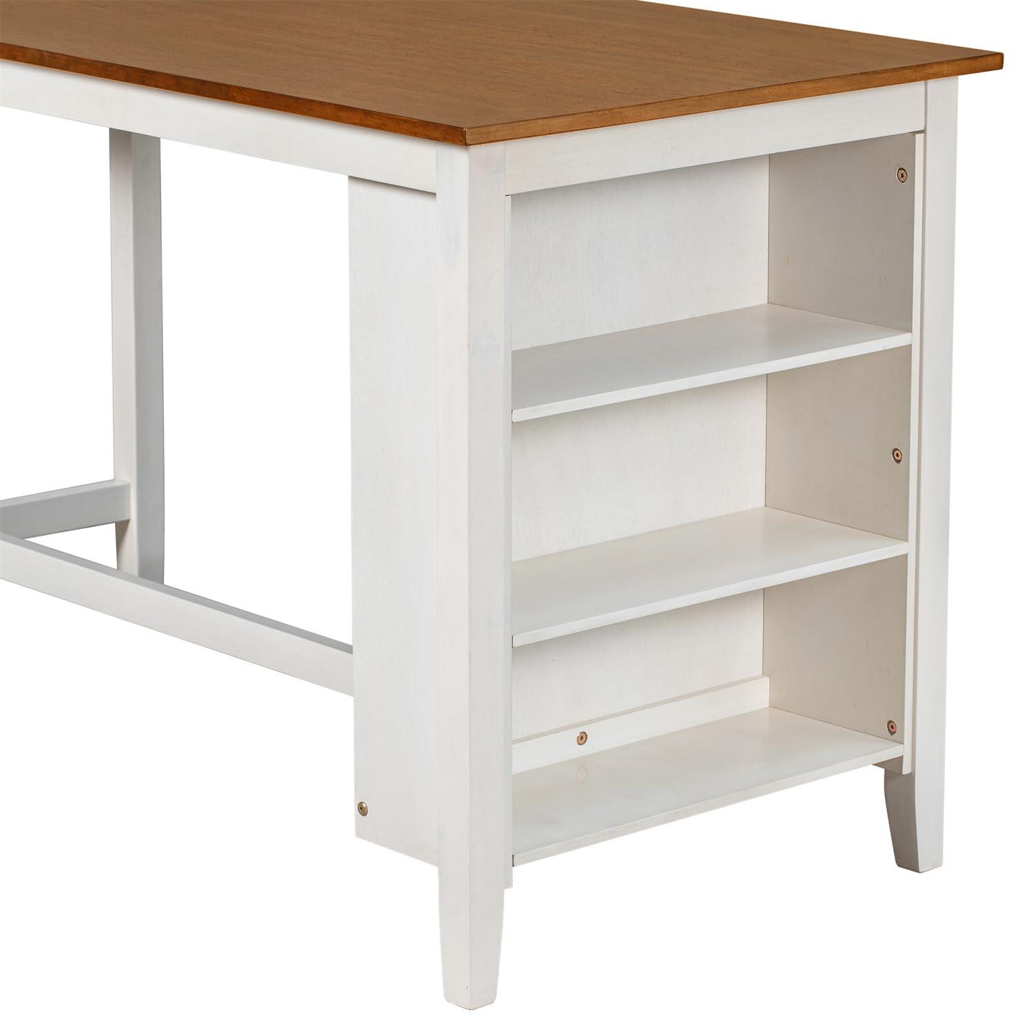 5 Pieces Counter Height Wooden Bar Table Set with 3-Tier Shelf and 4 Chairs, Rustic Farmhouse Dining Table Set for 4, White