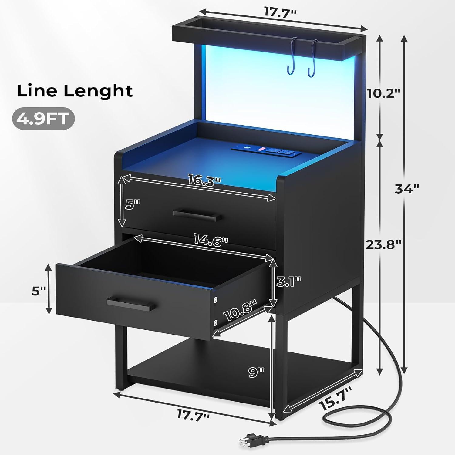 LED Nightstand with 2 Drawers & LED Lights & Charging Station, Modern Bedside Table End Side Tables for Bedroom Living Room, Black