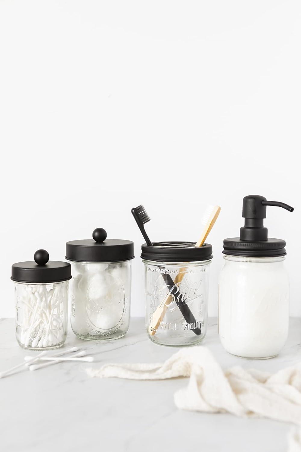 Mason Jar Bathroom Gift Set (4 pcs) - Lotion/Soap Dispenser, Toothbrush Holder, Q-Tip Storage Jars - Farmhouse Home Decor for Vanity Organization - Luxury Bathroom Accessories - Black