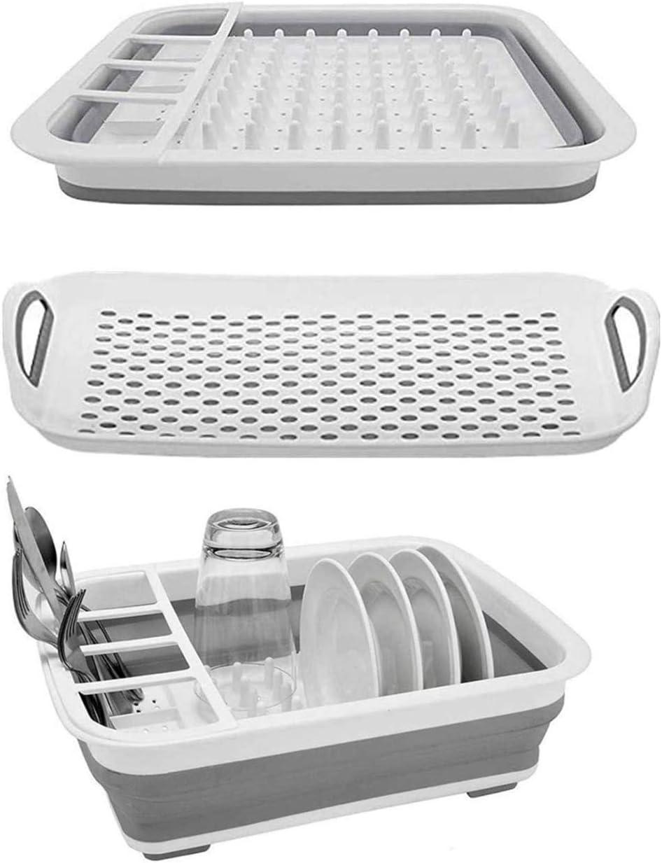 Gray and White Collapsible Plastic Dish Drying Rack