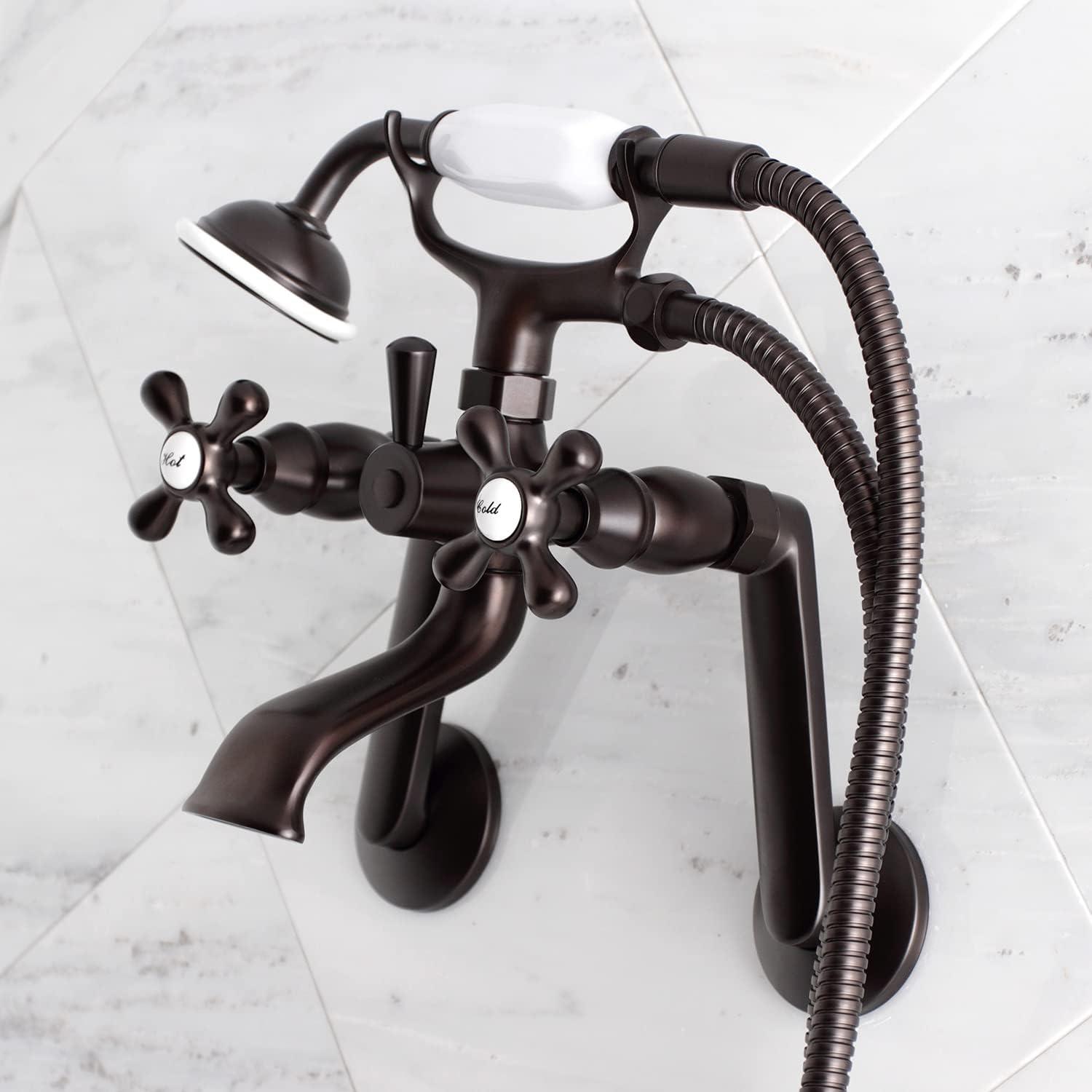 Kingston Brass Kingston Three-Handle 2-Hole Tub Wall Mount Clawfoot Tub Faucet with Hand Shower