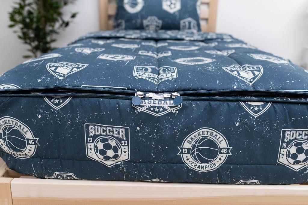 Beddy's Sports Theme Boys Durable Zipper Bedding for Kids, Bed in a Bag, Blue Sheets with Baseball, Football, Basketball, Soccer Comforter, Pillowcase & Pillow Sham, Easy to Make & Wash
