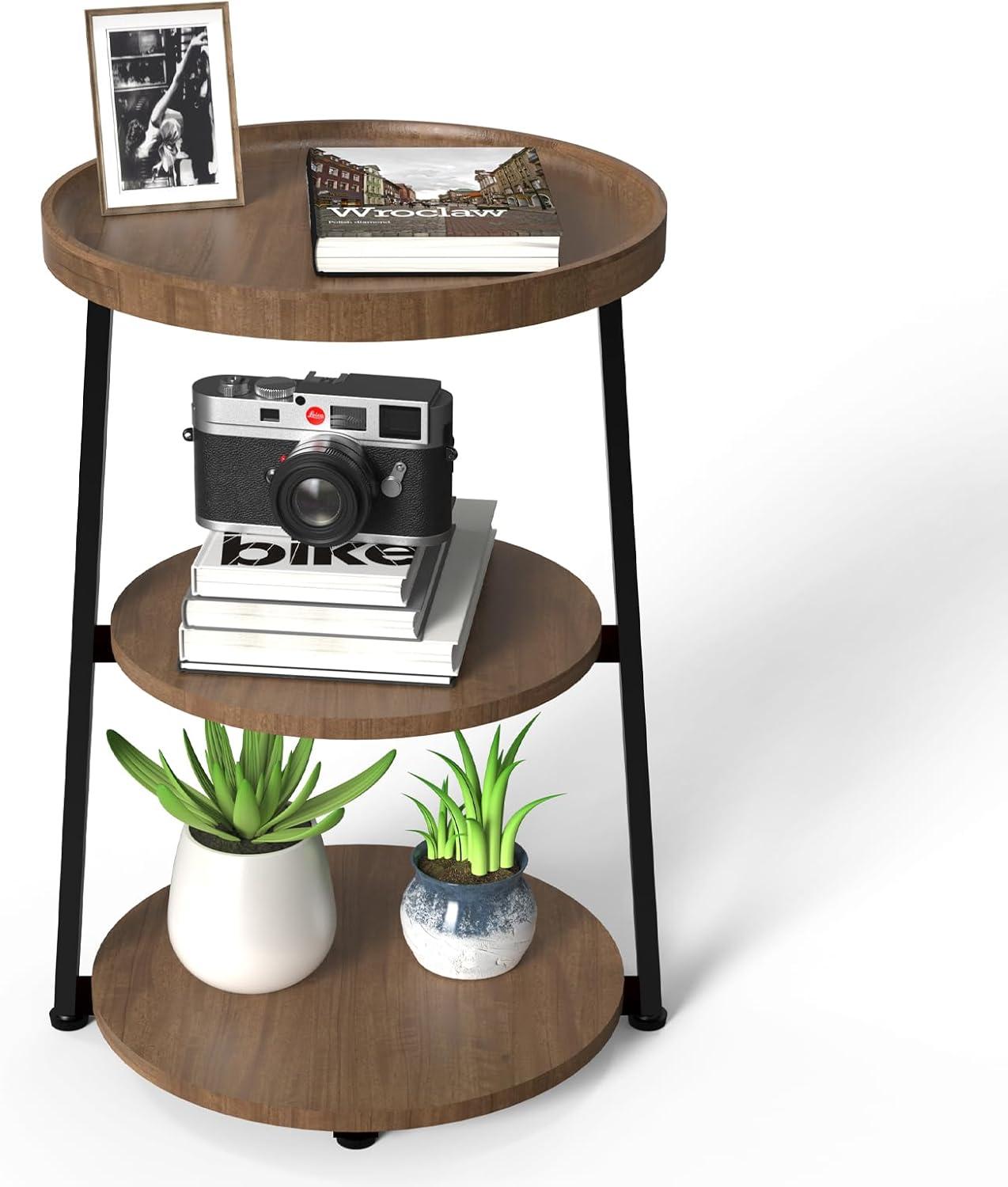 Round End Table with Charging Station, Accent Side Table Nightstand Bedside Table with 3-Tier Shelves for Living Room Bedroom Couch Table Small Coffee Table Rustic Brown