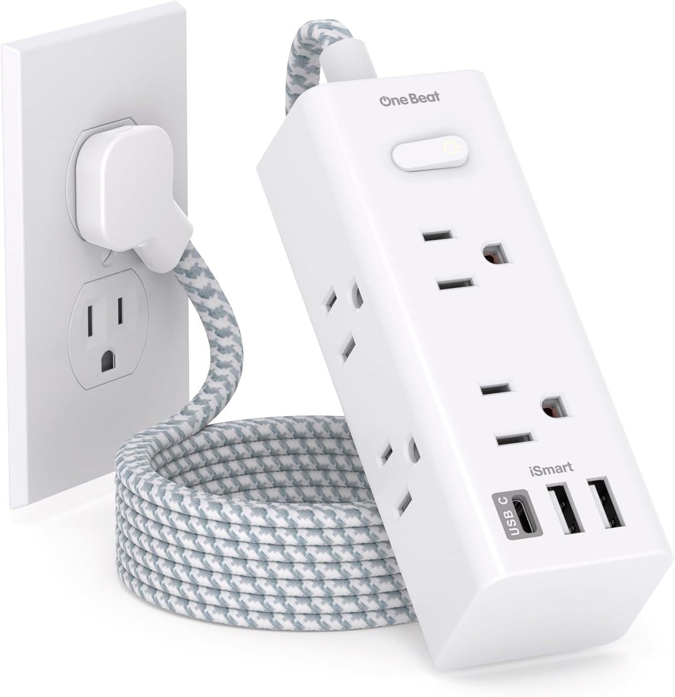 10 ft White Fabric Cord Power Strip with USB-C and 6 Outlets