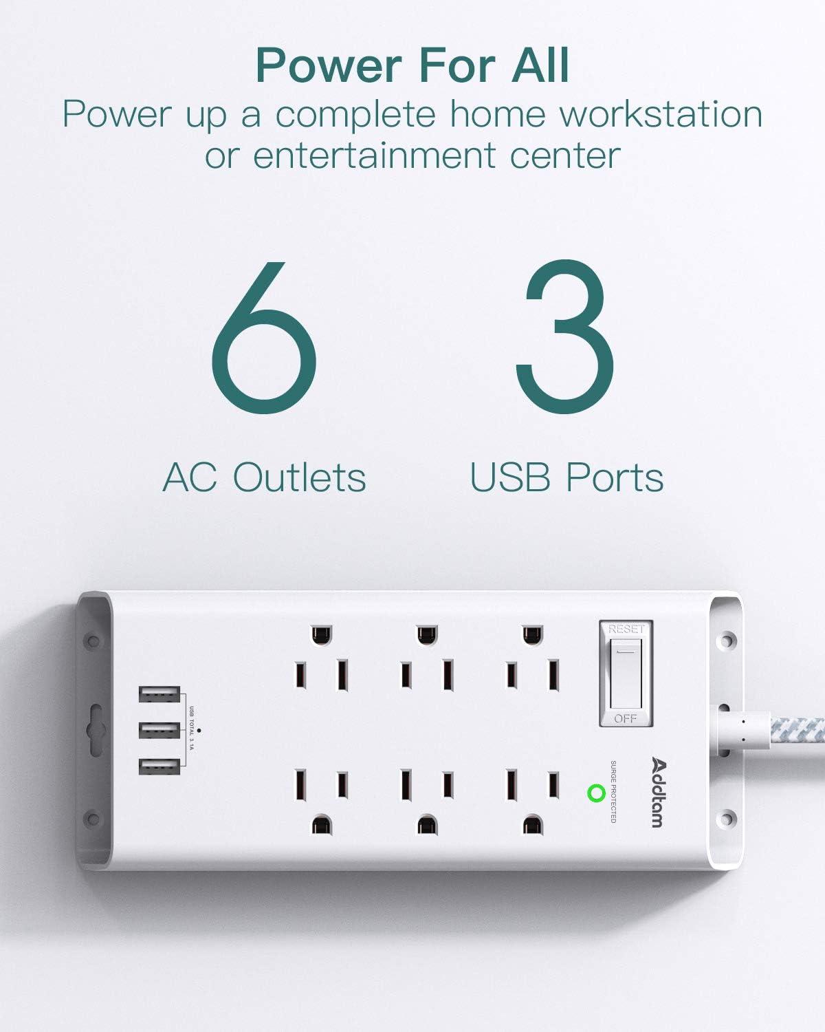 White 5ft Power Strip with 6 Outlets and 3 USB Ports