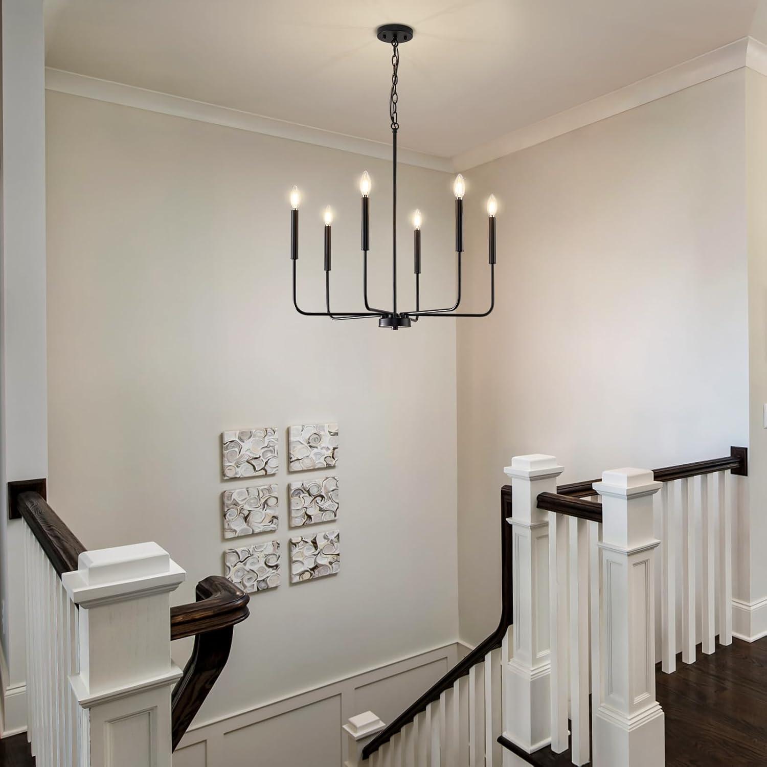 Modern Black Chandelier for Dining Room,Metal 6-Light Kitchen Light Fixtures,Farmhouse Candle Hanging Pendant Light for Living Room Entryway Foyer Bedroom (Bulbs Not Included)