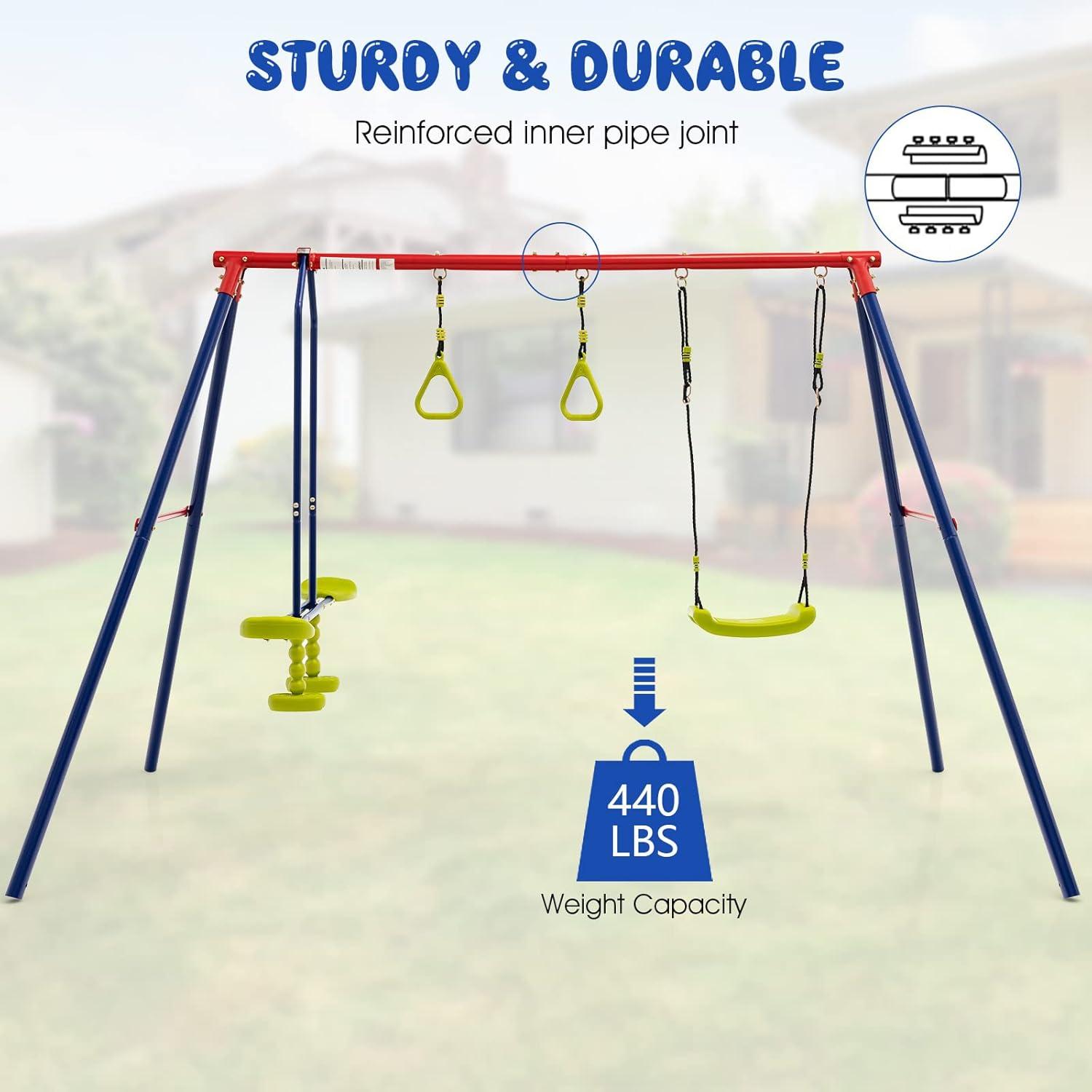 OLAKIDS Swing Sets for Backyard, Outdoor 3 in 1 A-Frame Heavy Duty Metal Stand for Kids and Adults, 440LBS Playground Activity Playset with Swing Seat, Glider, Trapeze Rings for Toddlers