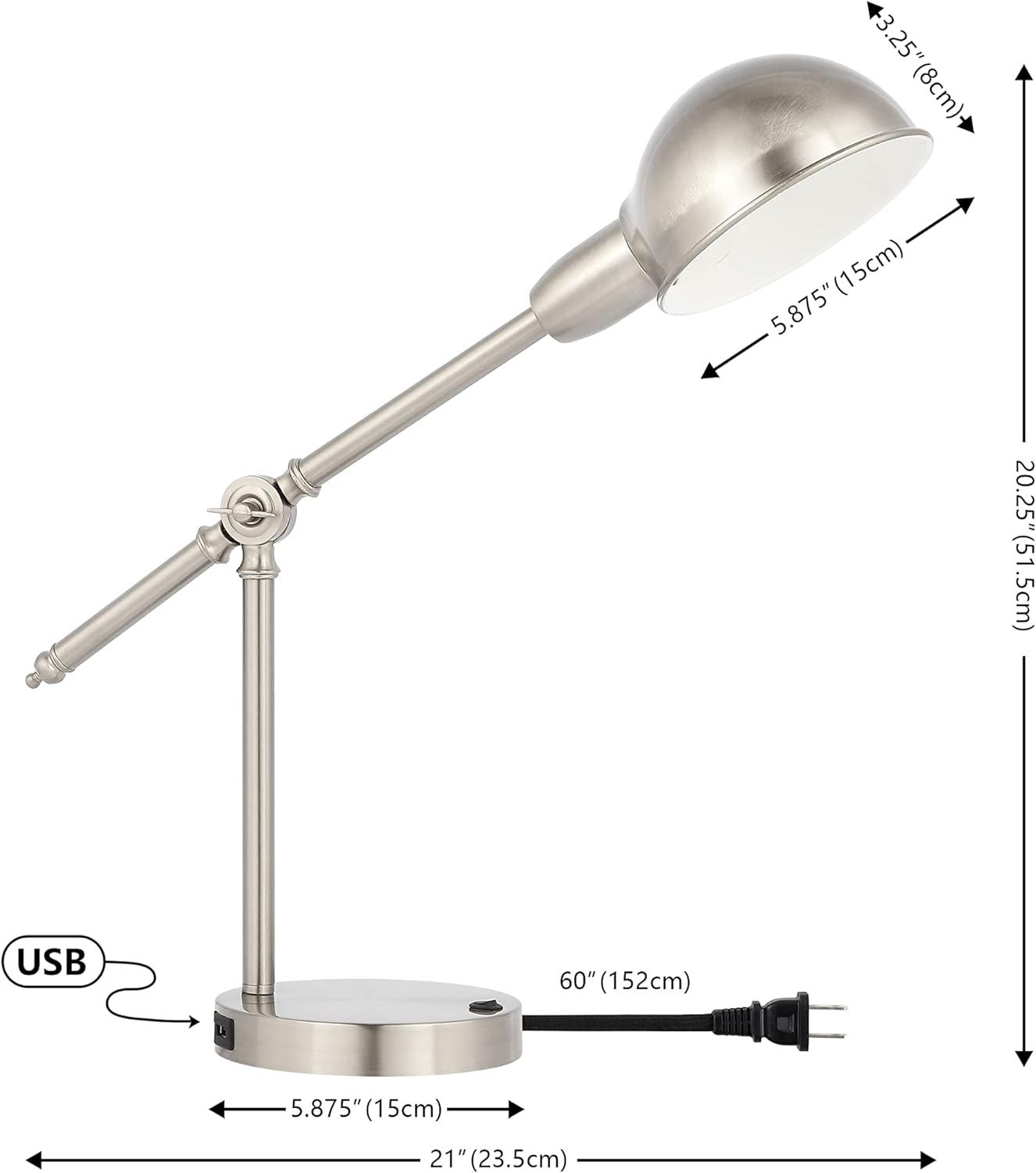 JONATHAN Y Curtis 20.25" Vintage Industrial Iron Adjustable Dome Shade LED Task Lamp with USB Charging Port, Nickel, JYL7123B