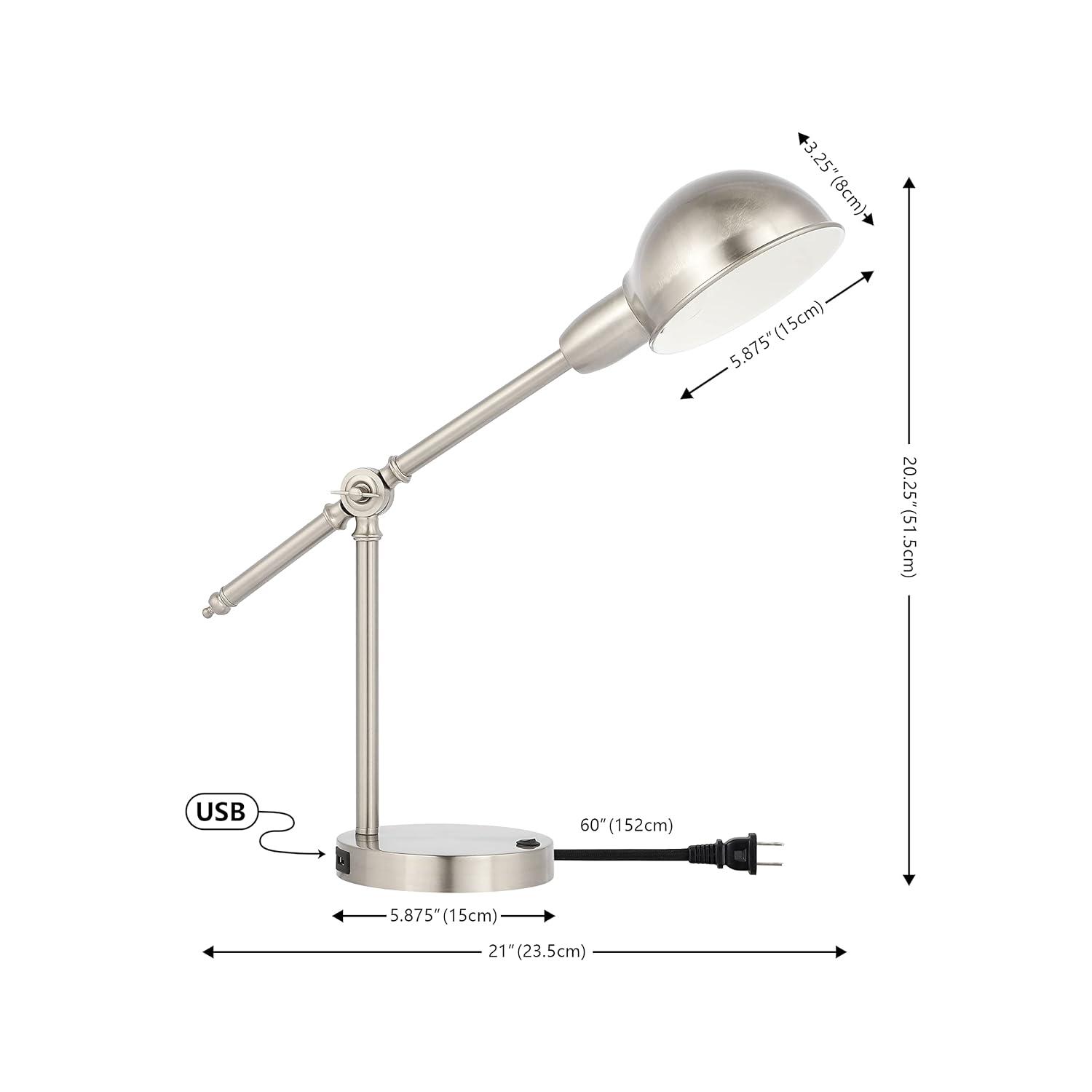 JONATHAN Y Curtis 20.25" Vintage Industrial Iron Adjustable Dome Shade LED Task Lamp with USB Charging Port, Nickel, JYL7123B