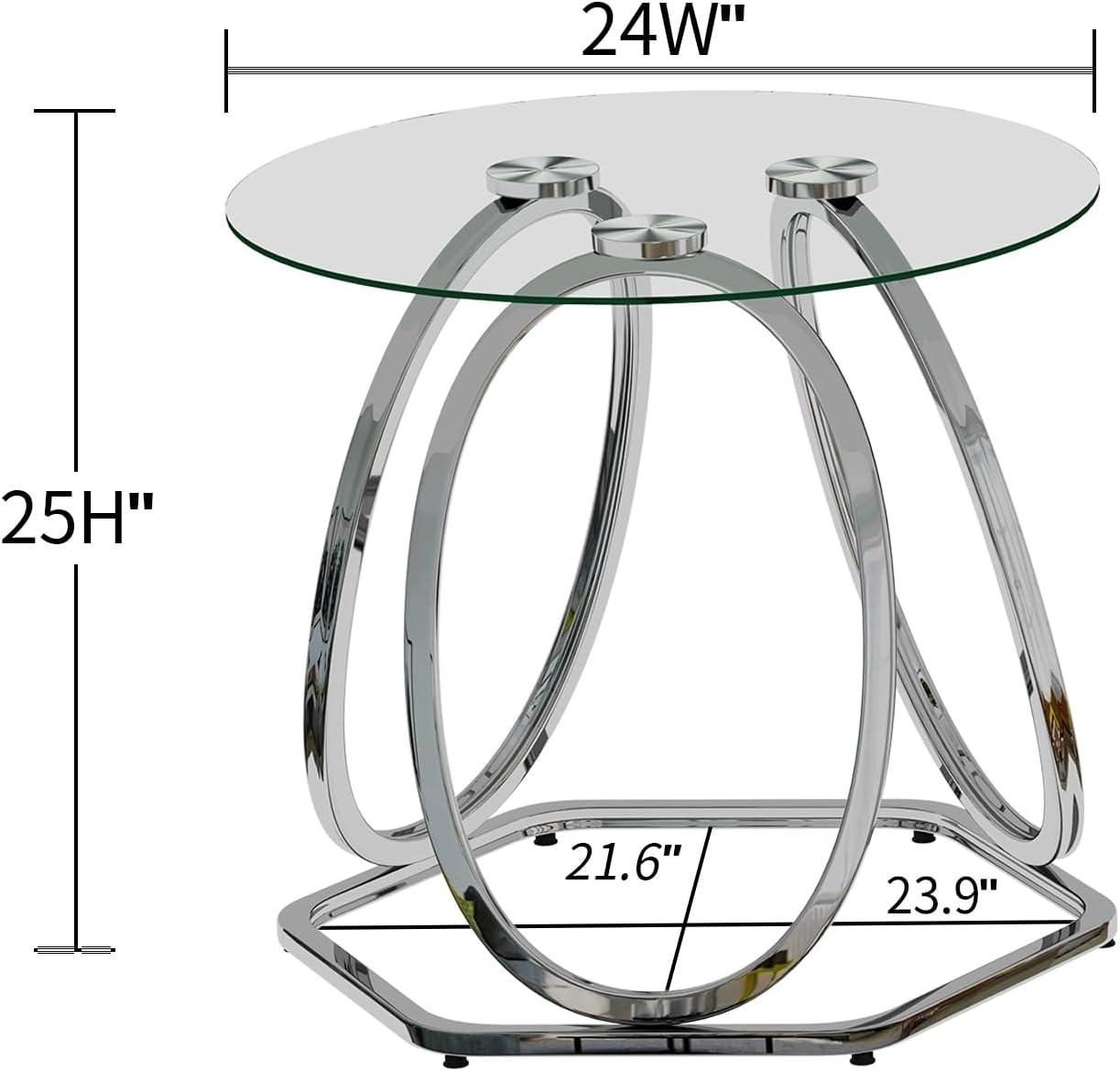 FURNITURE Silver Glass End Table for Living Room, Glass Side Table for Bedroom, Modern Round Glass Nightstand with Metal Frames for Home Office, Chrome Finish, 1 PC