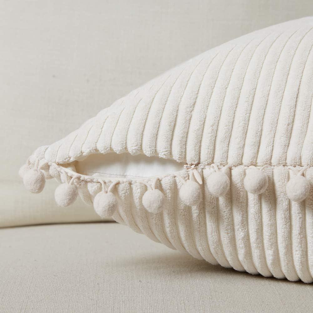 Cream Corduroy Boho Pillow Covers with Pom-Poms, 12x20 Inch