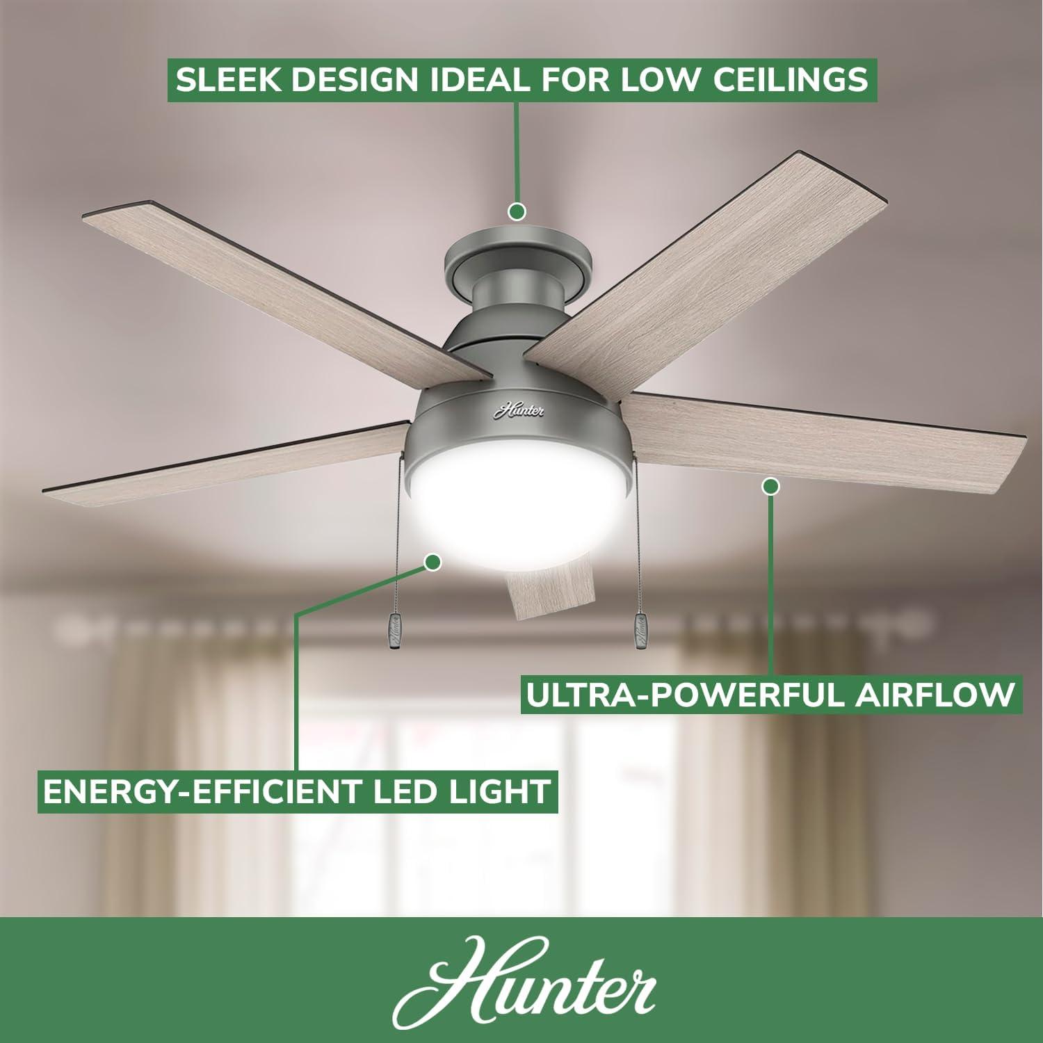Hunter Fan 46" Anslee 5 - Blade LED Flush Mount Ceiling Fan with Pull Chain and Light Kit Included
