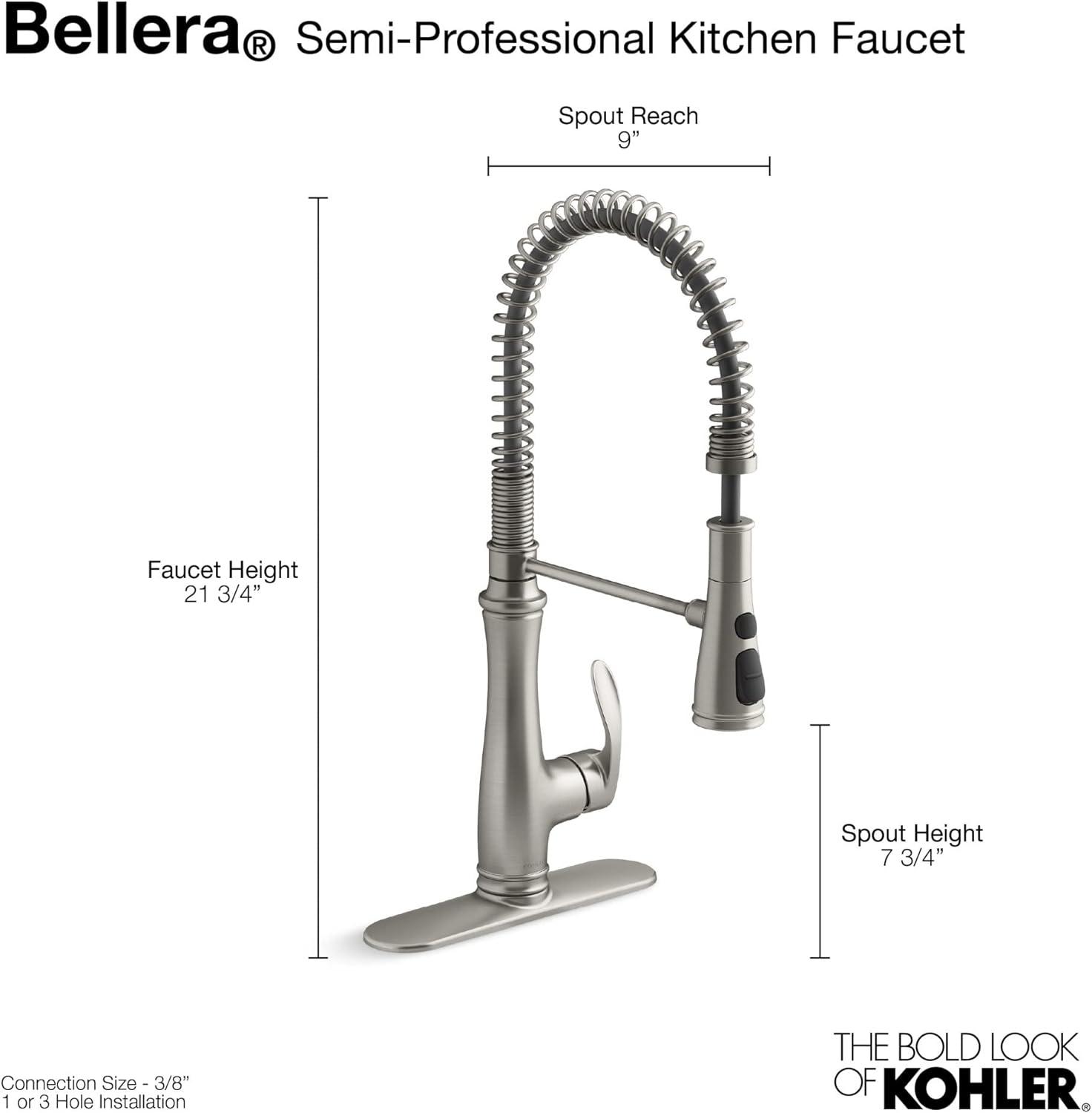 Kohler Bellera Single Handle Semi-Professional Pre-Rinse Kitchen Faucet with Three-Function Pull Down Sprayer