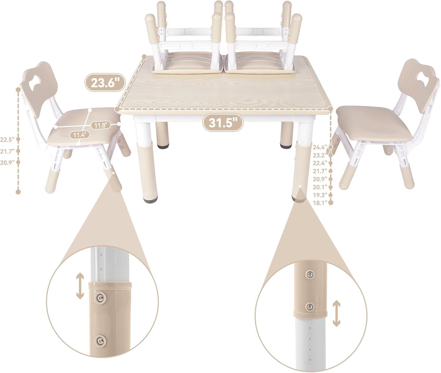 Height-Adjustable Kids Table and 4 Chairs Set, Toddler Table and Chair Set with Graffiti Desktop, 31.5''L x 23.6''W Children Activity Table for Daycare, Classroom, Home