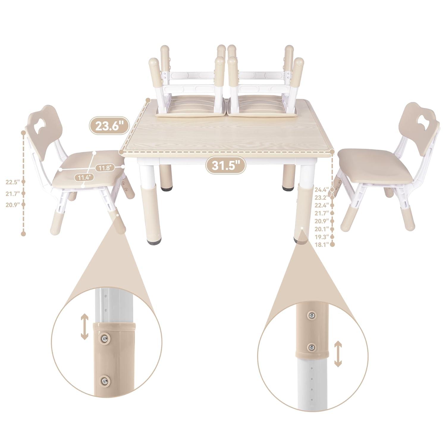 Height-Adjustable Kids Table and 4 Chairs Set, Toddler Table and Chair Set with Graffiti Desktop, 31.5''L x 23.6''W Children Activity Table for Daycare, Classroom, Home