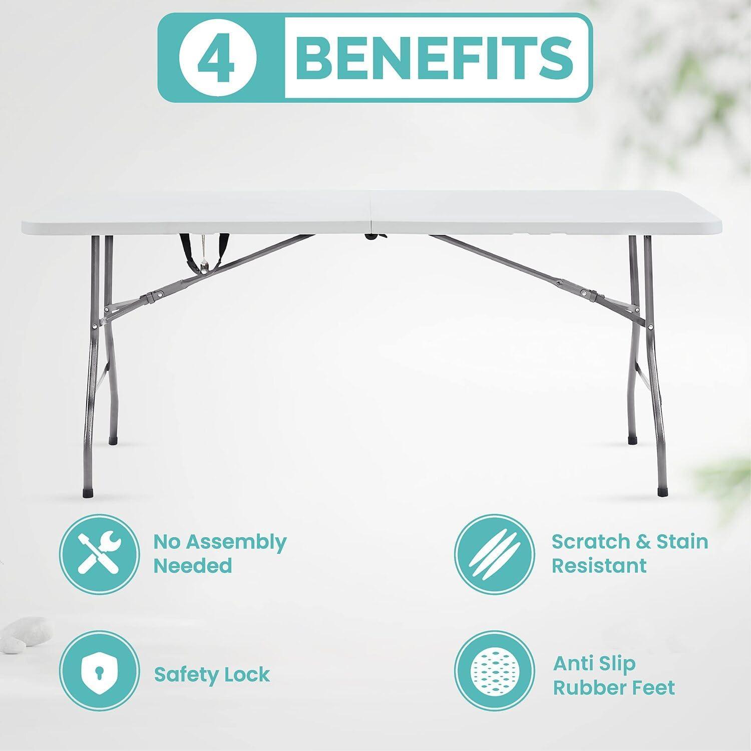 6ft Folding Table Multipurpose Foldable Dinner Table Portable Folding Rectangular Resin Table for Outdoor Camping Picnic Party by Naomi Home - White