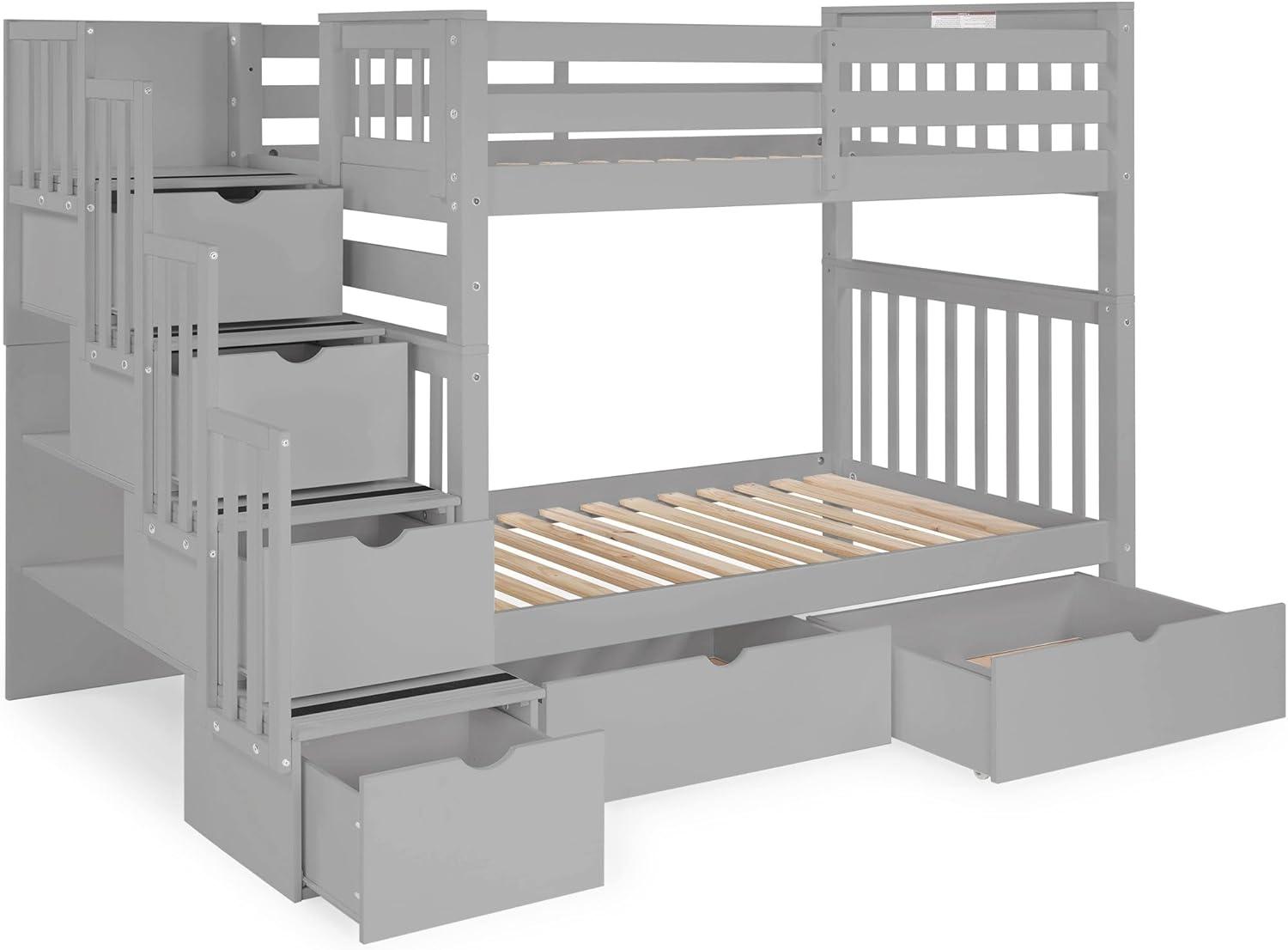 Bedz King Tall Stairway Bunk Beds Twin over Twin with 4 Drawers in the Steps and 2 Under Bed Drawers, Gray