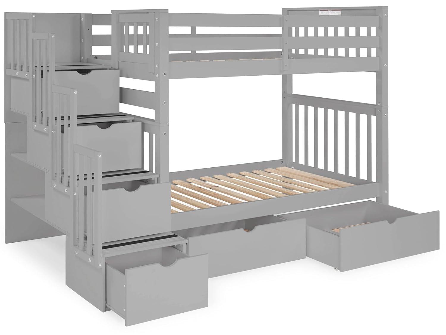 Bedz King Tall Stairway Bunk Beds Twin over Twin with 4 Drawers in the Steps and 2 Under Bed Drawers, Gray