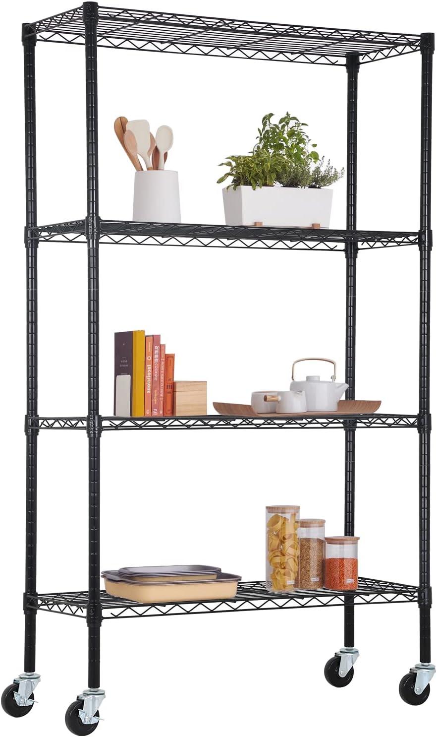 Killeryuki Chrome Storage Shelves, 4-Tier Wire Shelving with Wheels Adjustable Storage Shelves 500lbs Capacity Metal Shelf 36L x 14W x 62H for Office Garage Kitchen Basement Bedroom