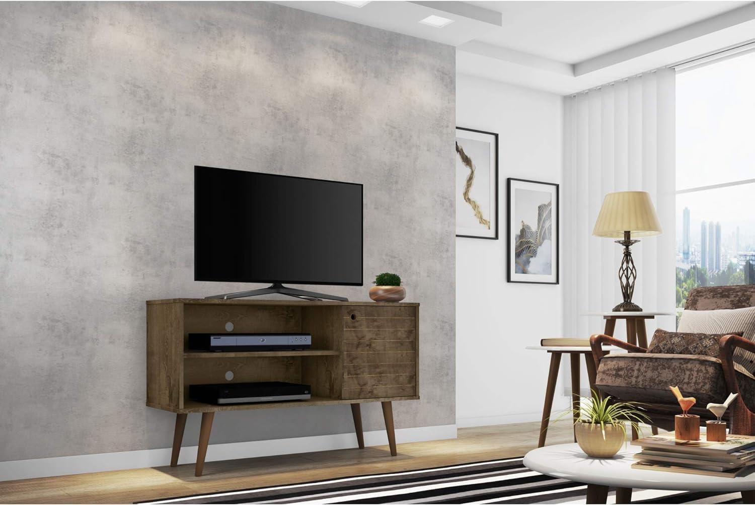 Rustic Brown Mid-Century Modern TV Stand with Cabinet and Shelves