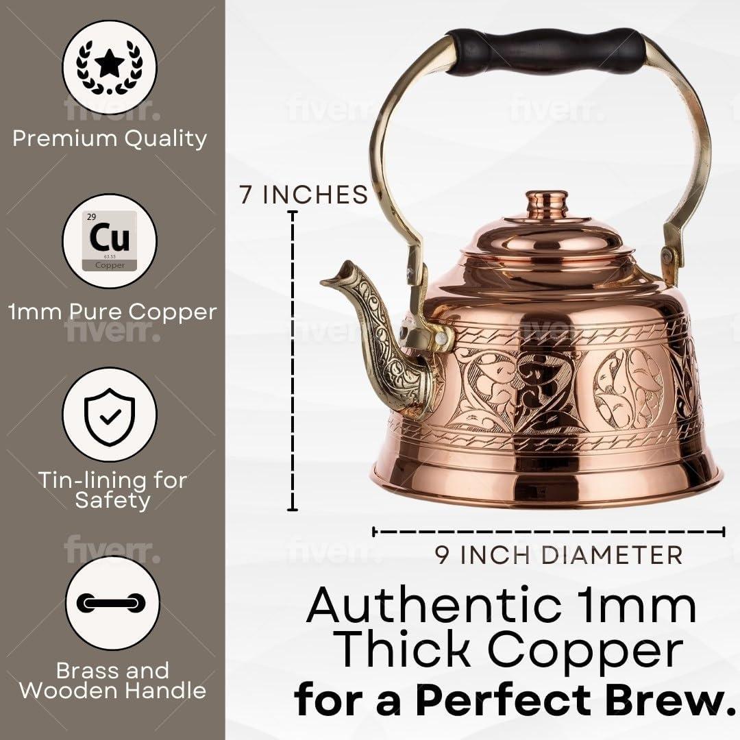 Handmade Engraved Copper Teapot with Brass Handle, 1.6-Quarts