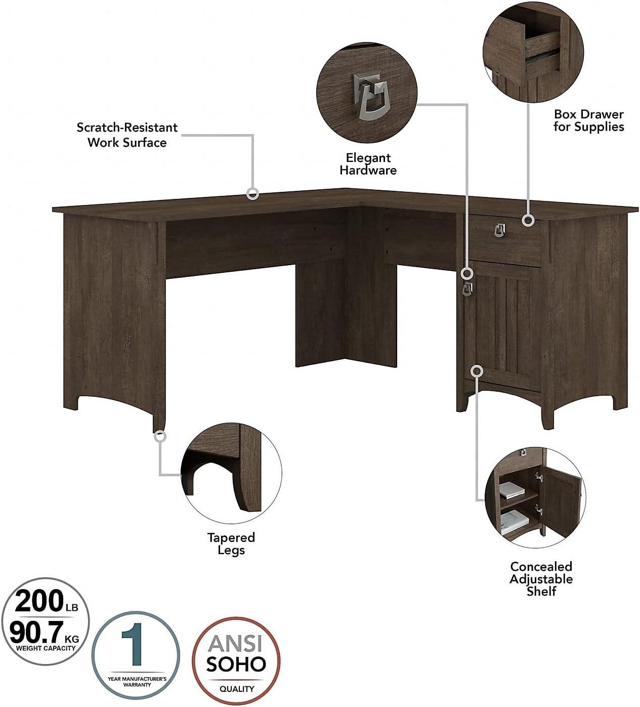 Bush Furniture Salinas Farmhouse 60 in L Shape Desk with Hutch, Box Drawer and Storage Cabinet in Ash Brown (Ships in 2 boxes)