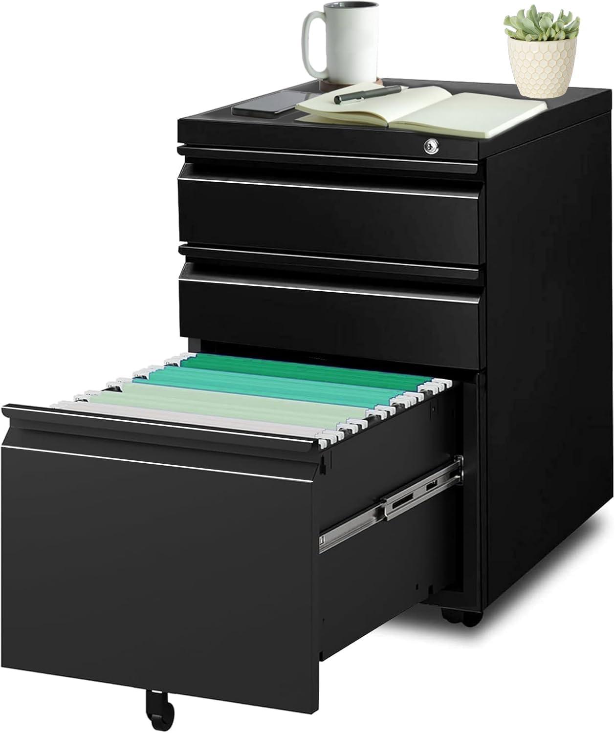 MIIIKO File Cabinet 3 Drawers on Wheels Under Desk, Black Metal Rolling File Cabinets with Lock for Home Office, Un-Assembled Filing Cabinet with Lock