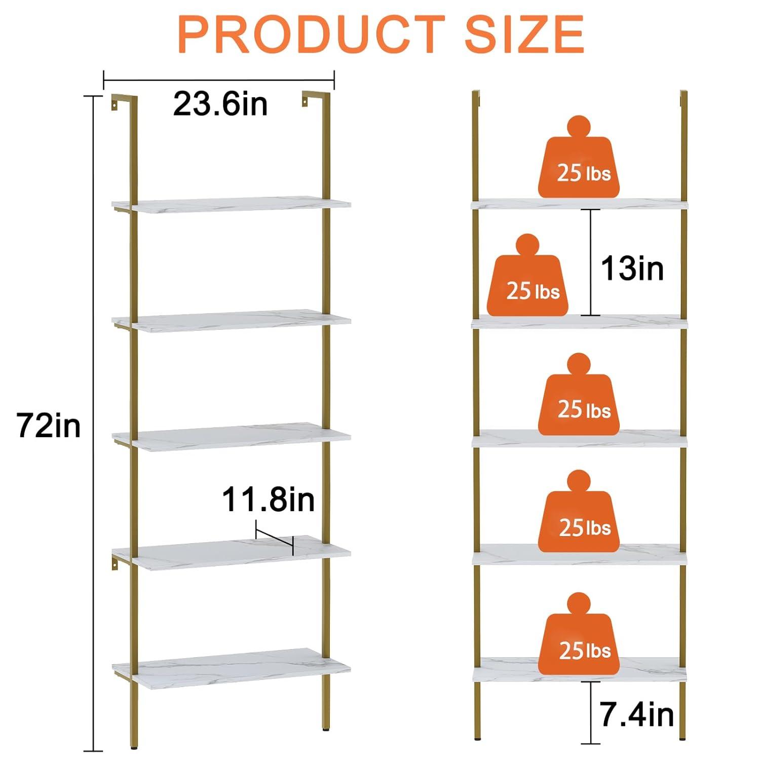 5 Tiers Ladder 2-Piece Shelf White Marble Modern Bookshelf Open Tall Wall Mount Bookcase Standing Leaning Wall Shelves Industrial Decorative
