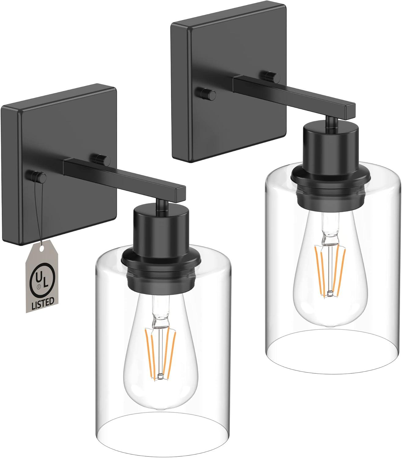 Set of 2 Matte Black Wall Sconces with Clear Glass Shades